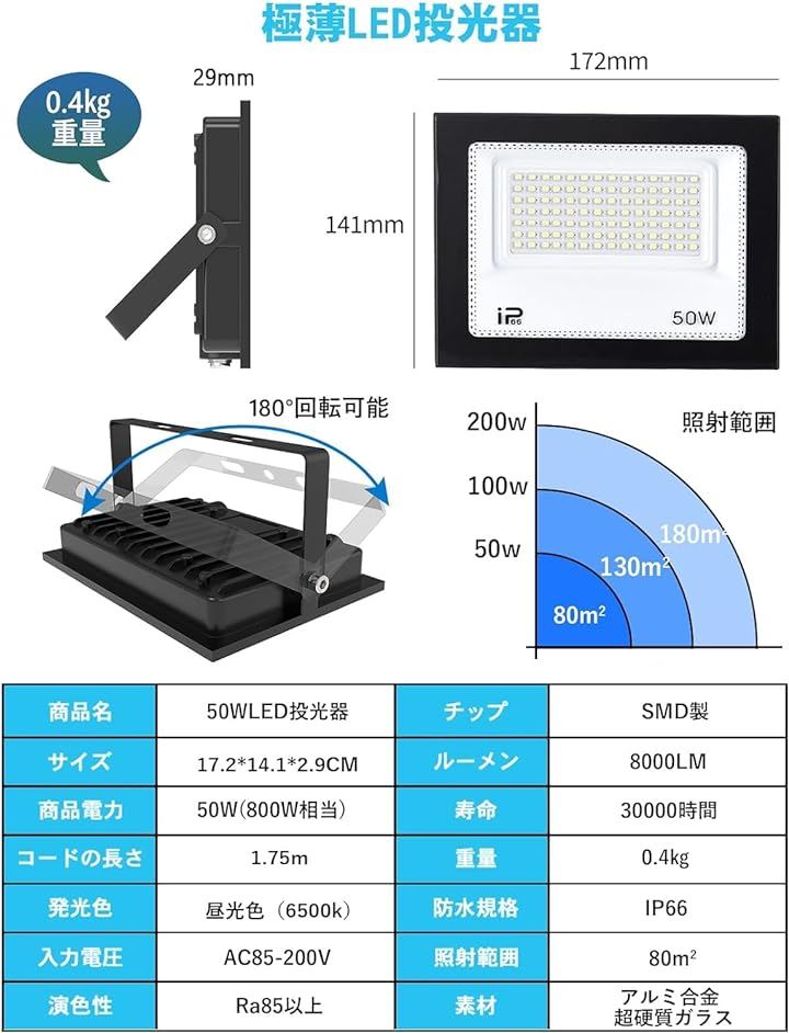 投光器 led 屋外 100v 灯光器 作業灯 外灯 6500K IP66 工事用 投光器 led 屋外 100v 灯光器 作業灯 外灯 6500K IP66 工事用