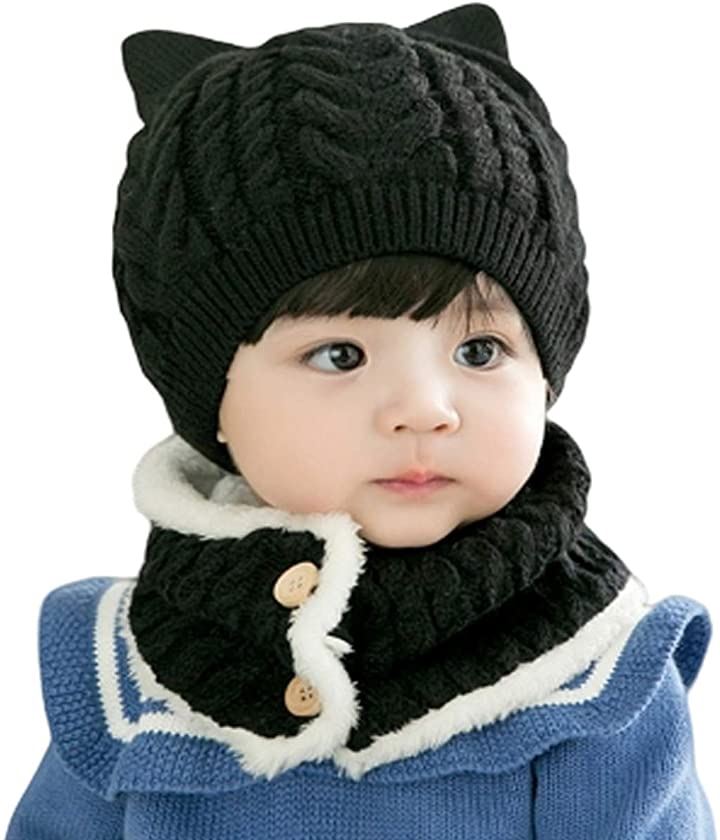ミャオッティベビーニット帽子 ネックウォーマーセット 赤ちゃん 新生児 冬 耳付き 防寒対策 0～2歳 フリーサイズ