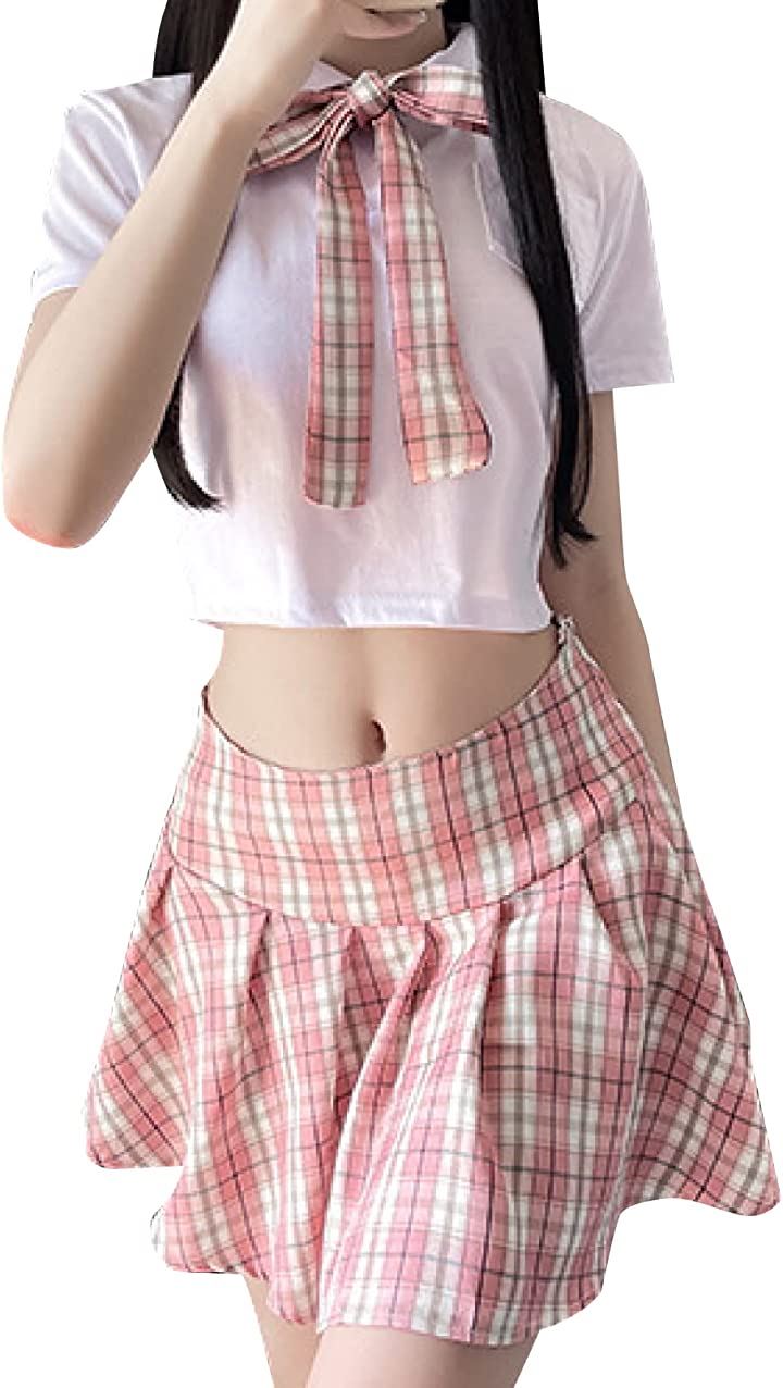 女子高生 制服 3点セット 半袖 チェック プリーツスカート リボン コスプレ( ピンク, Free Size)