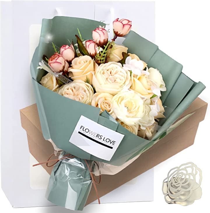 ソープフラワー 結婚記念日 彼女 薔薇 花束 ギフト 造花 メッセージカード ショップバッグ付 ペット・花・DIY(ホワイト)