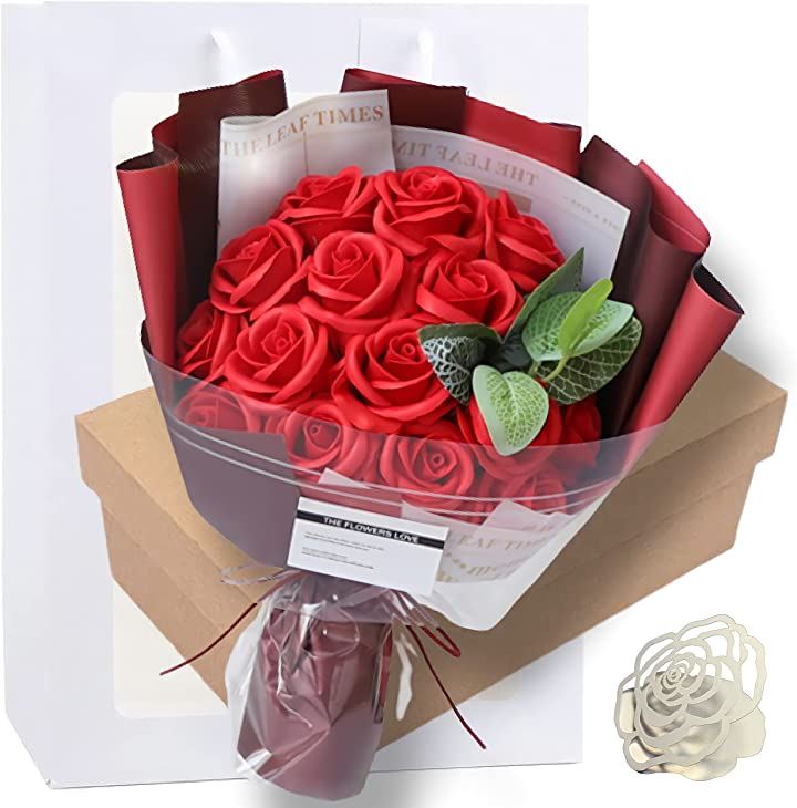 ソープフラワー 結婚記念日 彼女 薔薇 花束 ギフト 造花 メッセージカード ショップバッグ付 ペット・花・DIY(レッド)