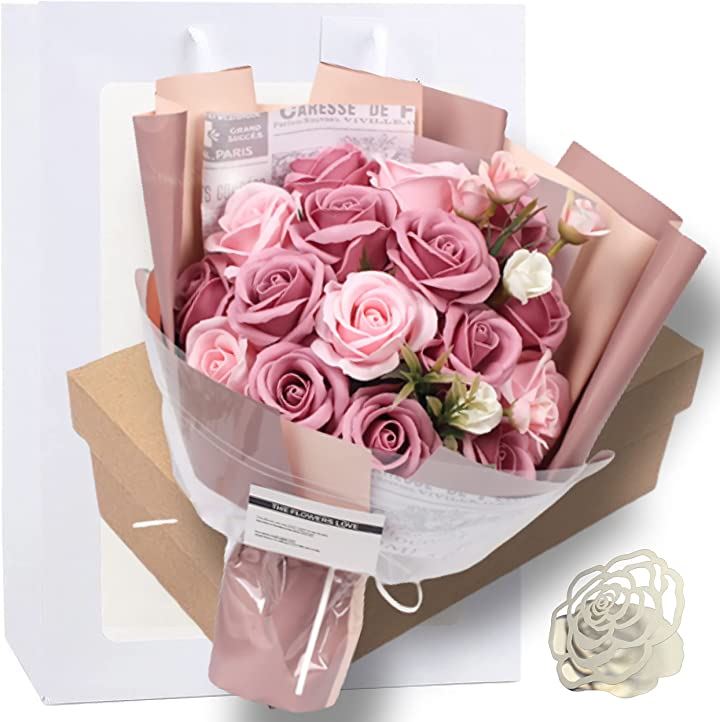 ソープフラワー 結婚記念日 彼女 薔薇 花束 ギフト 造花 メッセージカード ショップバッグ付 ペット・花・DIY(ブライトレッド)