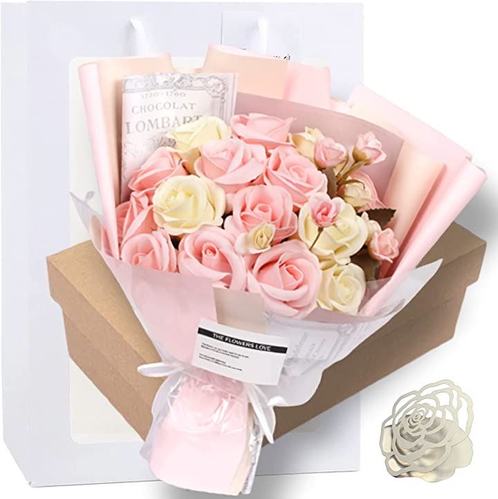 ソープフラワー 結婚記念日 彼女 薔薇 花束 ギフト 造花 メッセージカード ショップバッグ付 ペット・花・DIY(ピンク)