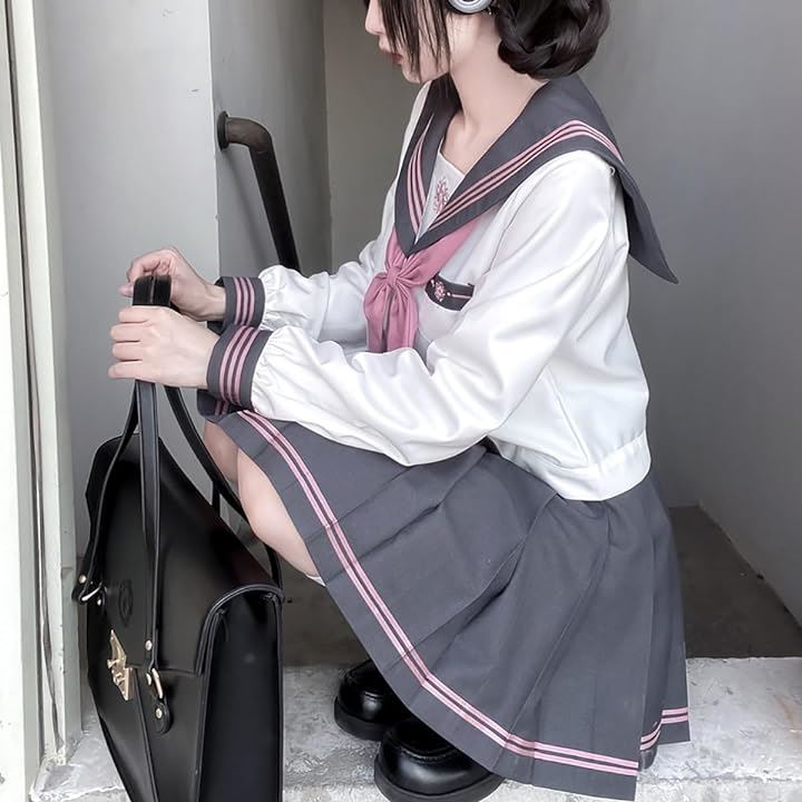 Qoo10] 制服 セーラー服 グレー白三本 3点セッ