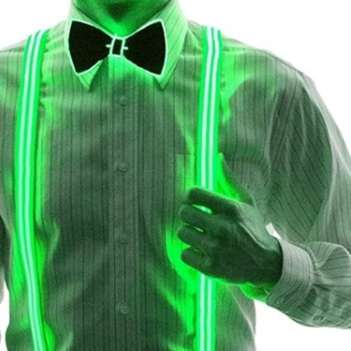 光る 蝶ネクタイ LED サスペンダー セット ライトアップネクタイ コスプレ 電池式 コスプレ・変装・仮装 パーティー・イベント用品・販促品 おもちゃ・ホビー・ゲーム(グリーン)