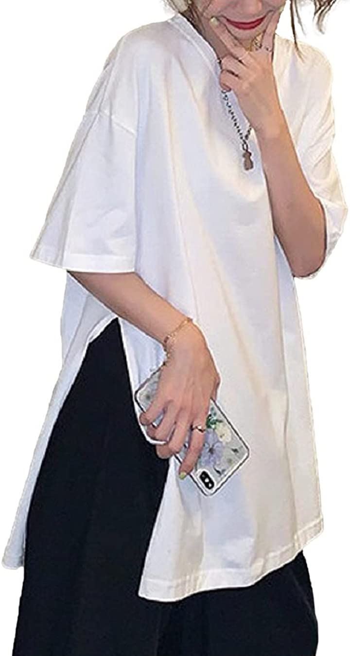 リリカ Tシャツ コットン チュニック 半袖 ロング 体型カバー サイド スリット ゆったり 春( 白, XL)