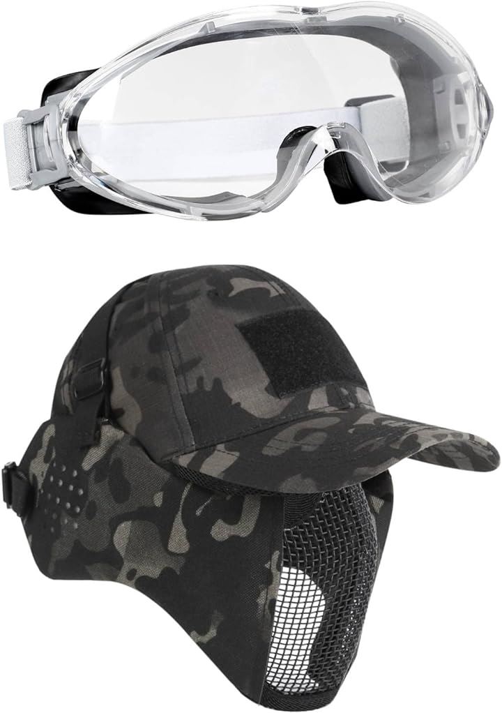 サバゲー マスク ゴーグル 帽子 装備 セット 眼鏡対応 サバイバルゲーム( マルチカムブラック, Free)