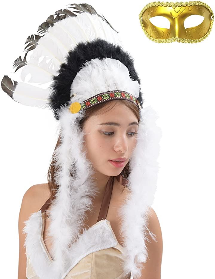 インディアン 羽根飾り ウォーボンネット ベネチアンマスク付き2点セット コスチューム用小物 男女共用 S256 カラー B