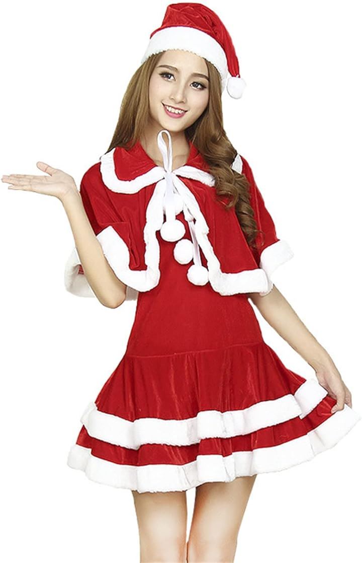 クリスマス フード コスプレ コスチューム 衣装 クリスマスサンタ クリスマスパーティー 3点セット( 白，赤)