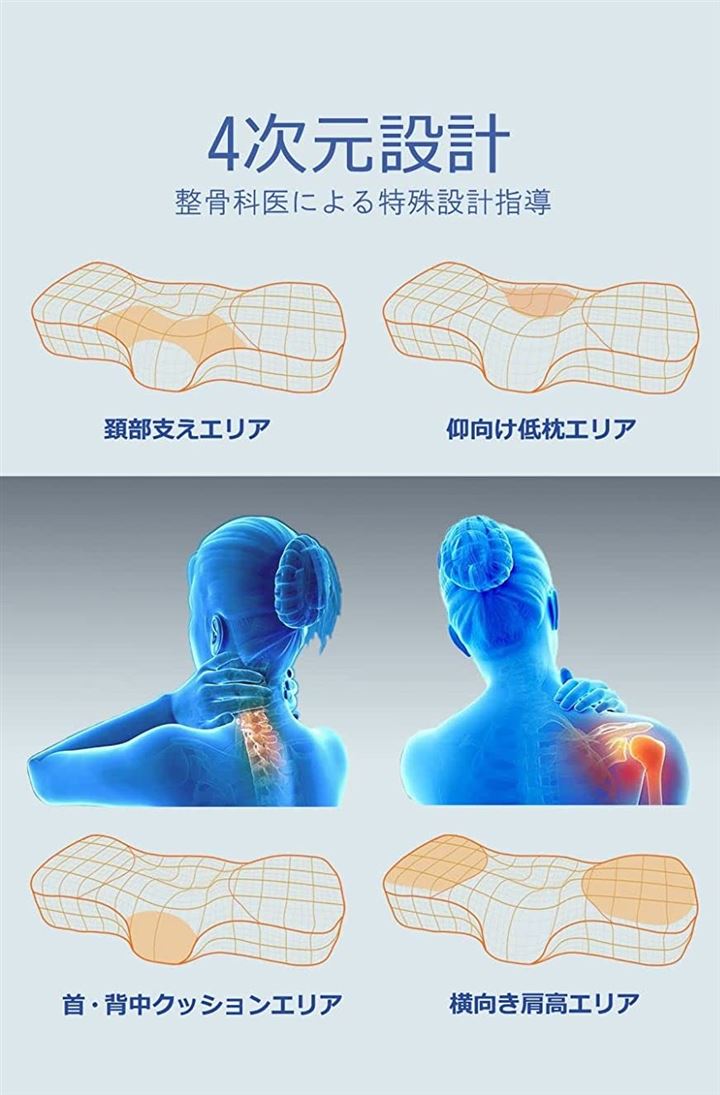 枕 低反発 首肩を支える 4次元デザイン 仰向き 横向き 安眠 - 枕