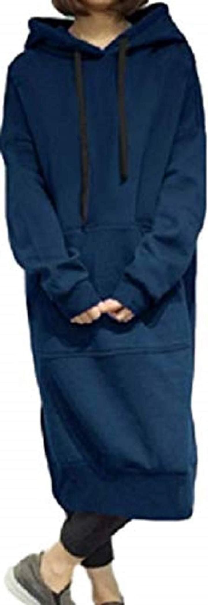 ニブンノイチスタイル 長袖 膝丈 ゆったり 可愛い フード 付き パーカー ワンピース 紺( ネイビー, XL)