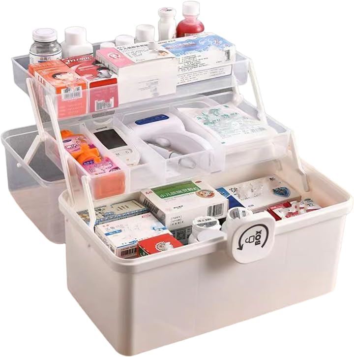 救急箱 薬箱 大容量 3層式 収納 ツールボックス 工具箱 持ち運び便利 ハンドル付( ホワイト)