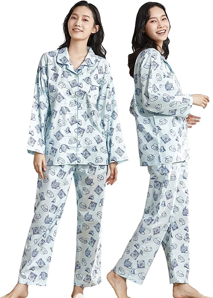 パジャマ レディース 綿100％ ルームウェア 春用パジャマ 長袖 上下セット( ブルー1, XL)