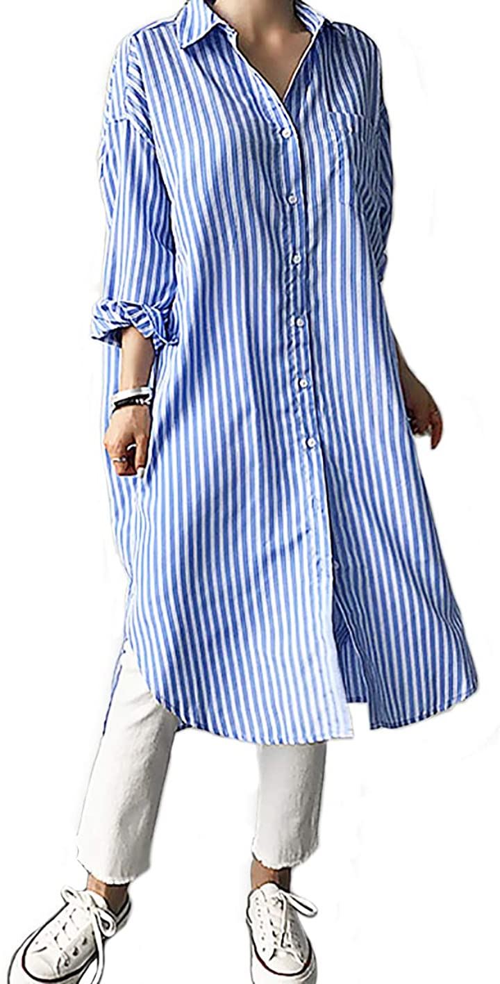 ルクシア フィル レディース サイズ 長袖 詰襟 ロング 丈長 縦縞 Off White ツートン シャツ ワンピース 青 レディースファッション ブルー S クイックスピード ヤマダモール店