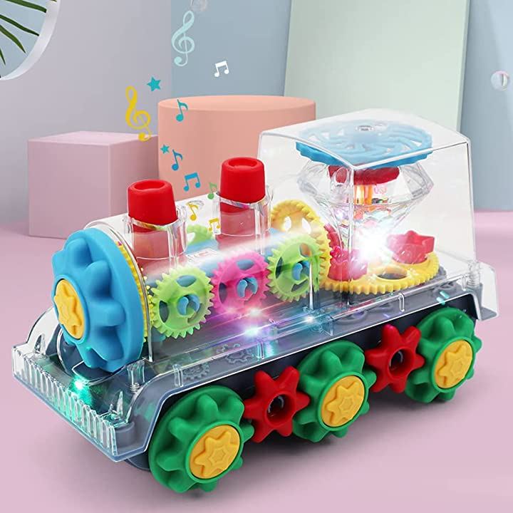透明歯車トレイン 電車 おもちゃ 子供 機械式歯車のおもちゃ LEDライト付き
