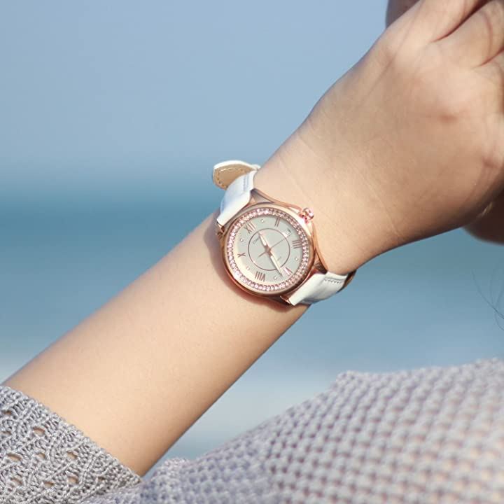 腕時計 レディース 日本製クオーツ クリスタル ホワイト 日付 アナログ ウオッチ 女性 ピンクゴールド