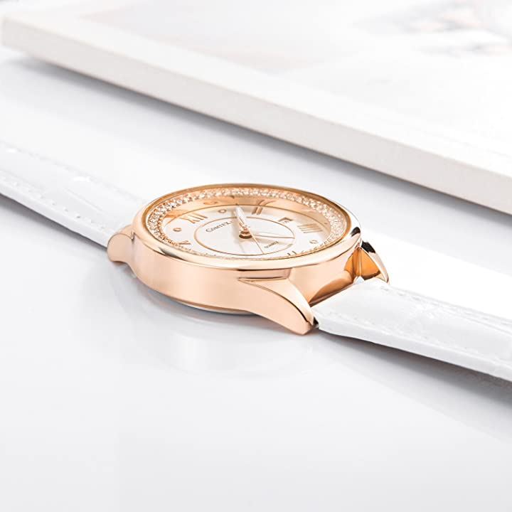 腕時計 レディース 日本製クオーツ クリスタル ホワイト 日付 アナログ ウオッチ 女性 ピンクゴールド