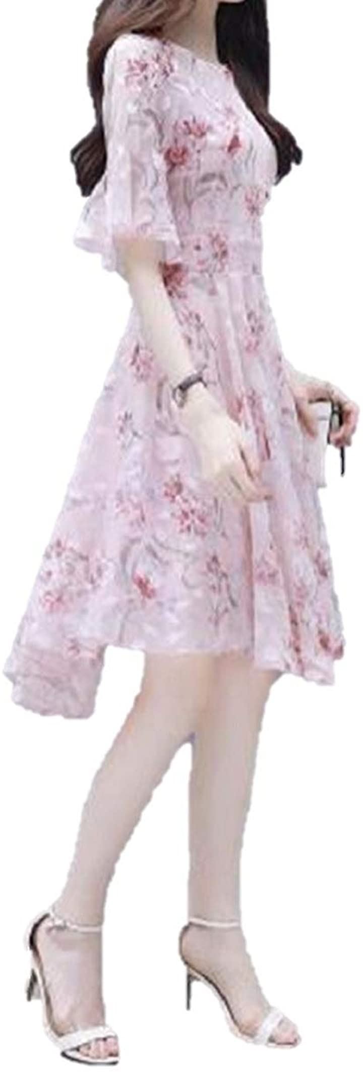 新作 フリル 花柄 ひざ丈 ワンピース シースルー スカートかわいい ピンク ｌ シフォン L Aライン
