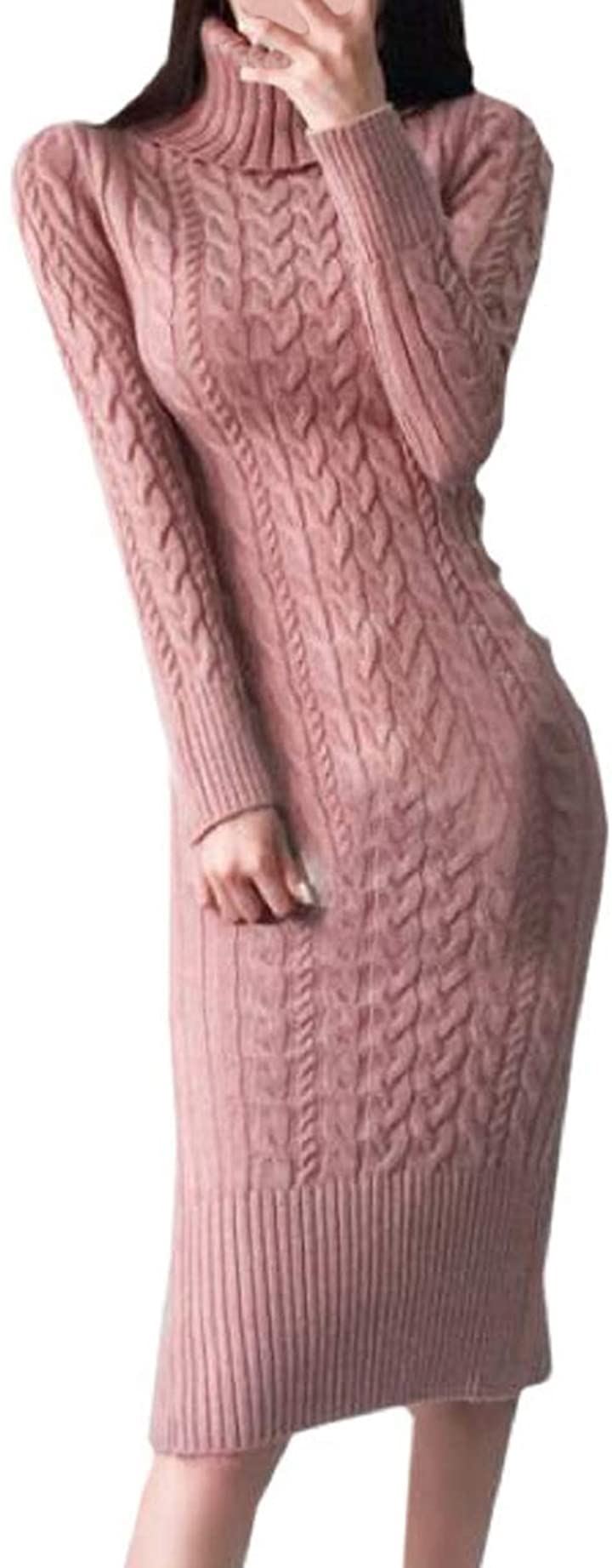 タートルネック ニット ロング 丈 ワンピース タイト 長袖 ボディコン スカート スリット ケーブル セーター セクシー かわいい レディース ピンク M クイックスピード ヤマダモール店