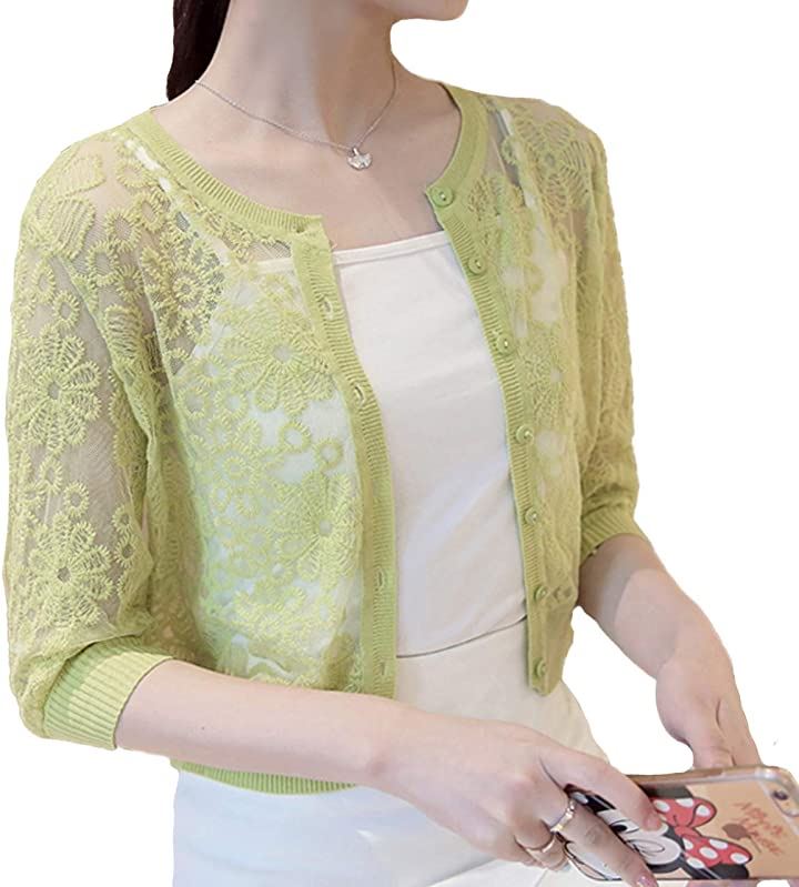 カーディガン カーディガン薄手 カーディガン半袖 カーディガン七分袖 春 夏 秋 冬 春夏 カーディガン夏 カーディガンレディース カーディガン大きいサイズ Uvカーディガン ボレロ 冷房対策 大人可愛い レース 透かし編み グリーン S クイックスピード ヤマダモール店
