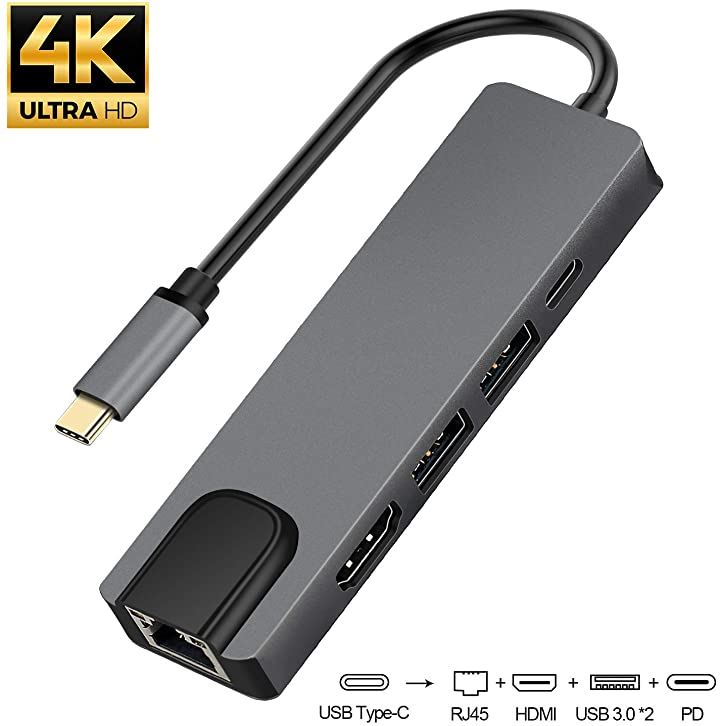 usb type c lan 変換 アダプタ マルチポート usb-type ハブ 5in1 4K解像度 タイプC to HDMI出力  1GbpsイーサネットLanポート 2つUSB3.0ポート 高速PD充電ポートアダプタ 軽量(グレー)：[クイックスピード ヤマダモール店]