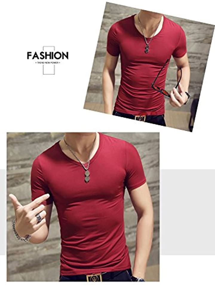 3枚 セット Vネック 半袖 Tシャツ メンズ 無地 シンプル 赤 カットソー 