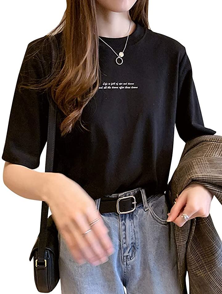 タイムスリップ レディース シンプル ベーシック 5分袖 ロゴ プリント ロング Tシャツ( ブラック, L)