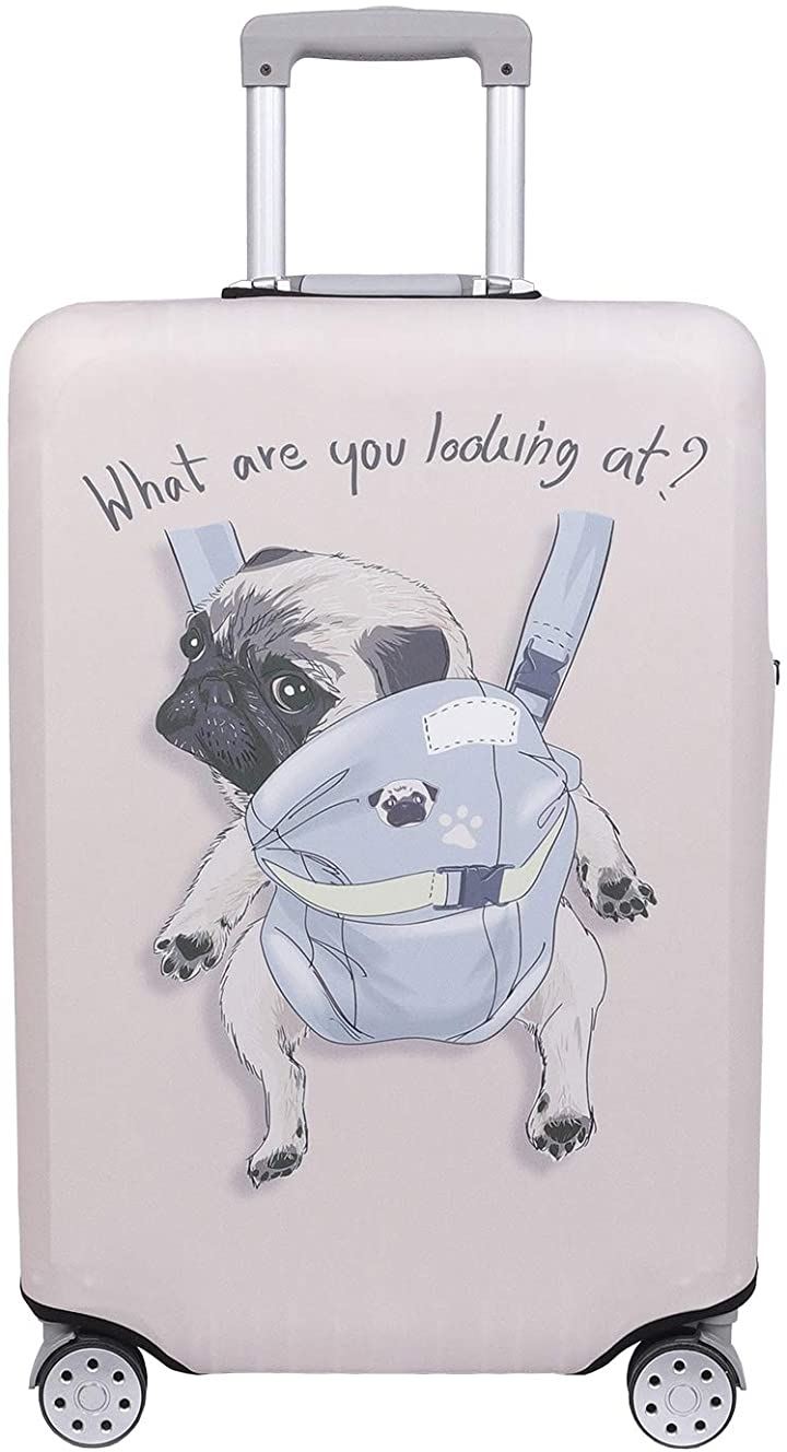 スーツケース 保護 カバー かわいい イヌ ネコ デニム トランクケース MDM( 犬・ パグ（アイボリー）, L)