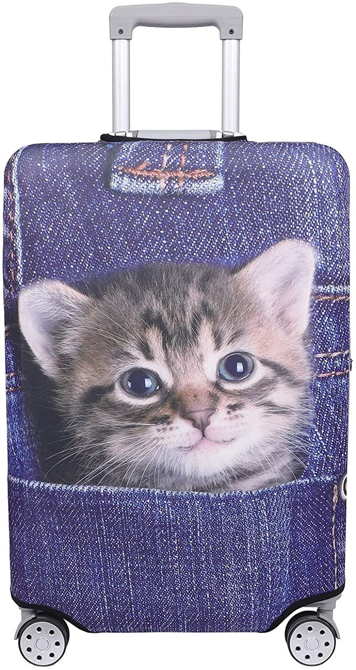 スーツケース 保護 カバー かわいい イヌ ネコ デニム トランクケース 伸縮 MDM( 猫・トラ（インディゴ）, L)
