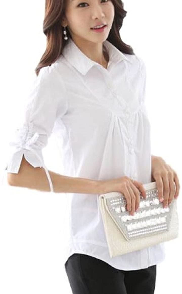 ニブンノイチスタイル オフィス 五分袖 とろみ リボン シャツ ブラウス レディース( 白, XL)